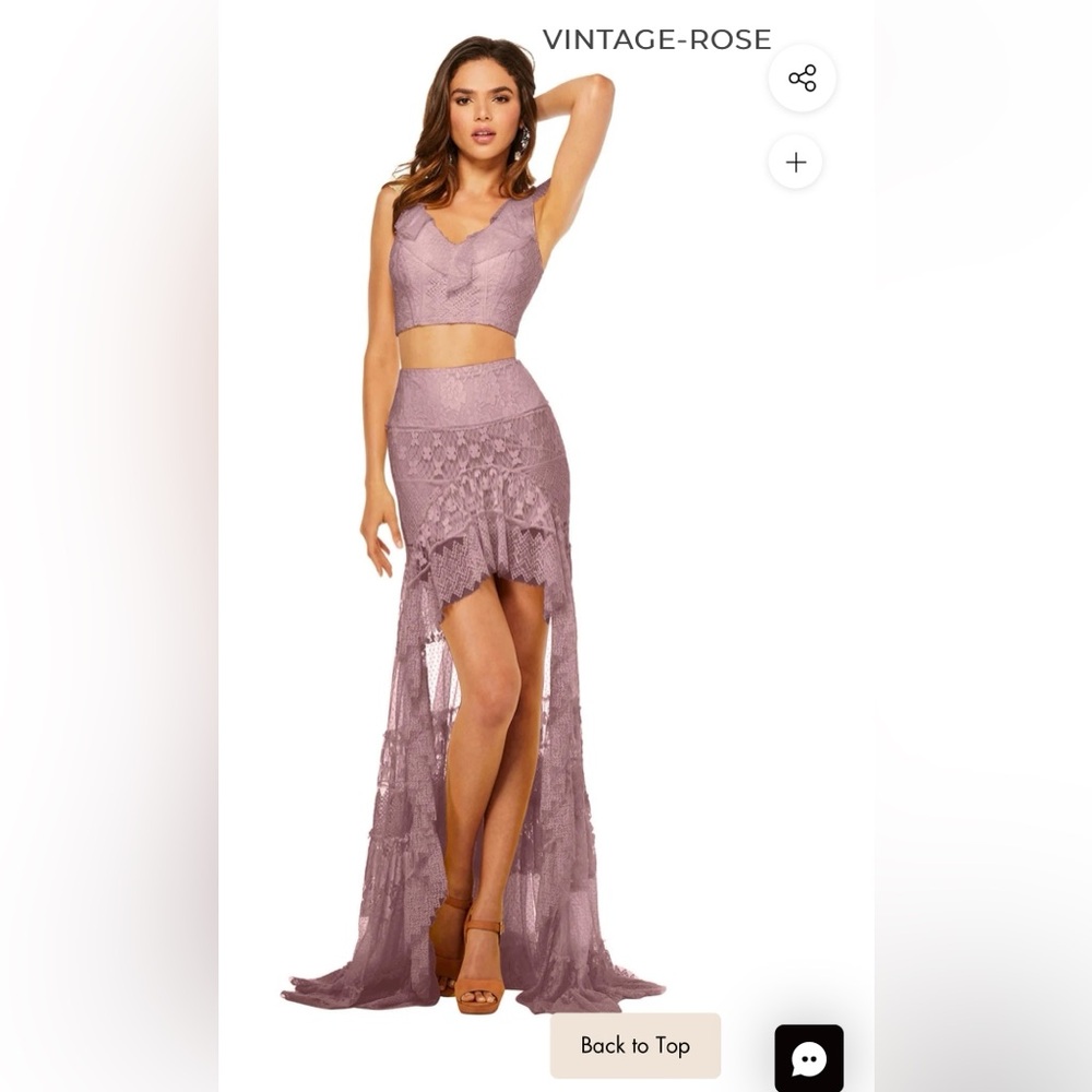 NWT Sherri Hill lace two-piece with ruffle crop top and sheer high-low skirt